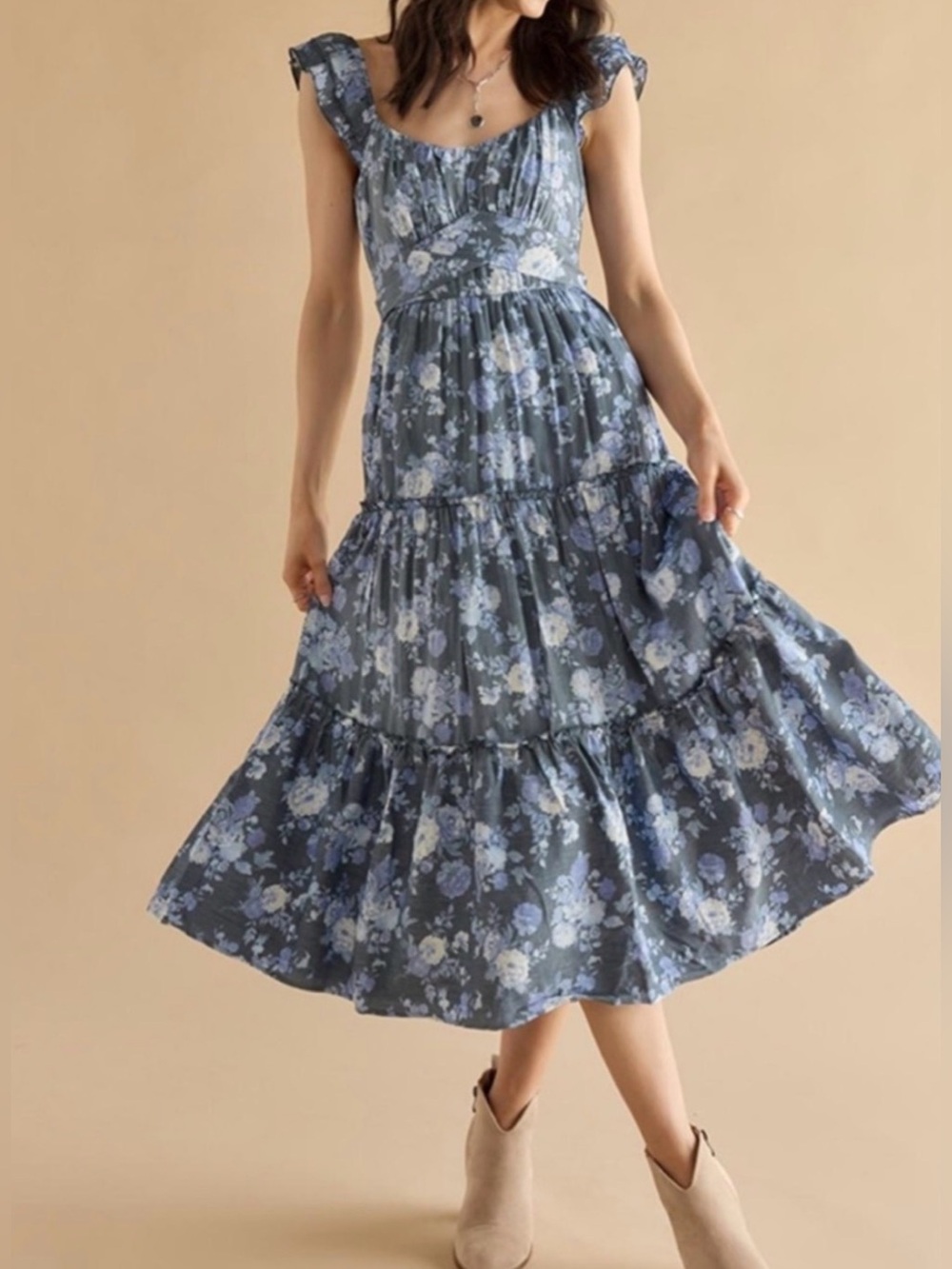 NWT Teresa Tiered Bow Back Midi Dress - Francesca's - Blue
